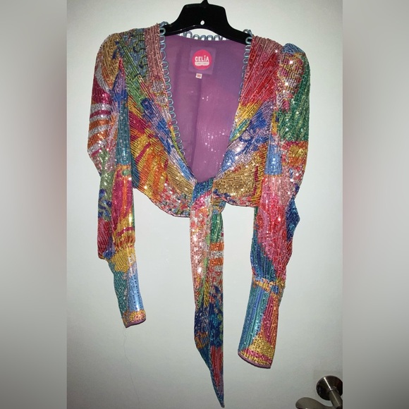 CeliaB Tops - Celia B CeliaB Fuji Sequin Rainbow Top Wrap Blouse shirt XS Disco Party TOP ONLY